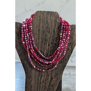 Vintage Multistrand Red Crystal Necklace With Gold-Tone Clasp 16" Estate